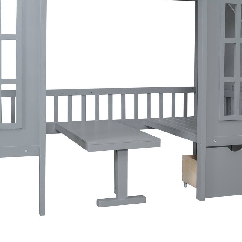 Stairway Bunk Bed with Changeable Table, Wood House Bedframe with Window & 2 Drawers, Bunk Bed Turn into Upper Bed and Down Desk