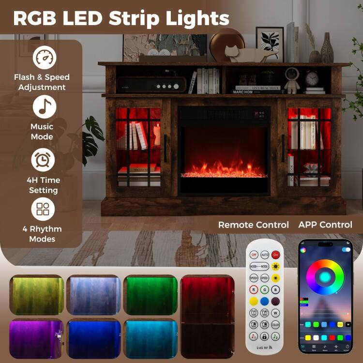 MDF Fireplace TV Stand with RGB LED, Remote and Storage - 48" L x 16" W x 29" H