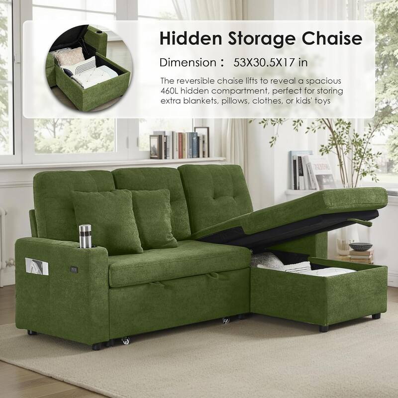 Reversible Sectional Sofa Couch,Sleeper Sofa Bed with Storage Chaise Pull Out Couch for Living Room,USB Charge,Cup Holder