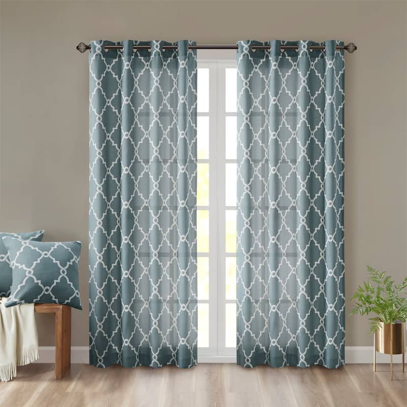 Madison Park Westmont Fretwork Print Grommet Top Window Single Curtain Panel - 50"W x 108"L - Blue/White