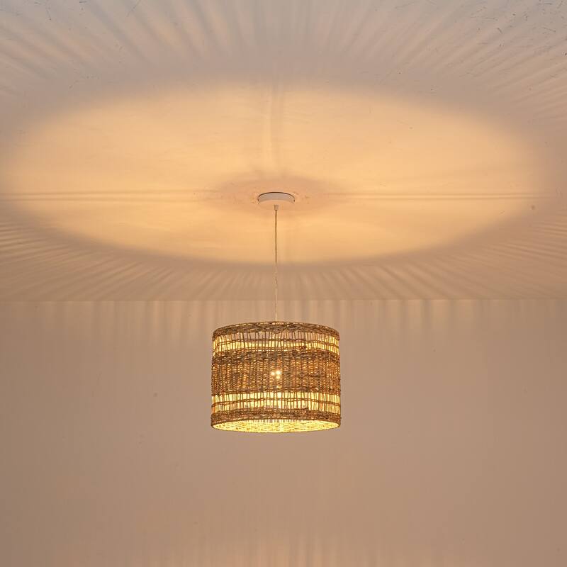 1-Light Boho Coastal Cylindrical Drum Woven Pendant Light with Matte White Finish and Herbaceous Rattan Shade