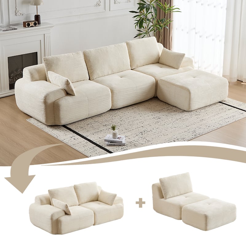 Ergonomic Deep Seat L-shaped Sectional Sofa with Chaise, Pet-Friendly Corduroy Modular Memory Foam Compressed Couch with Ottoman