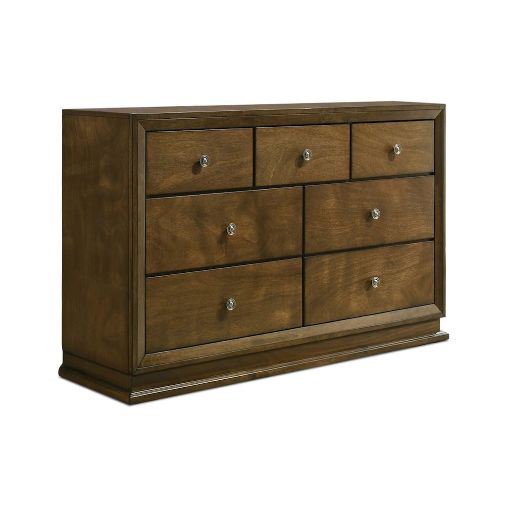 Rouk 7 Drawer Wide Dresser, Transitional, Walnut Brown Solid Wood