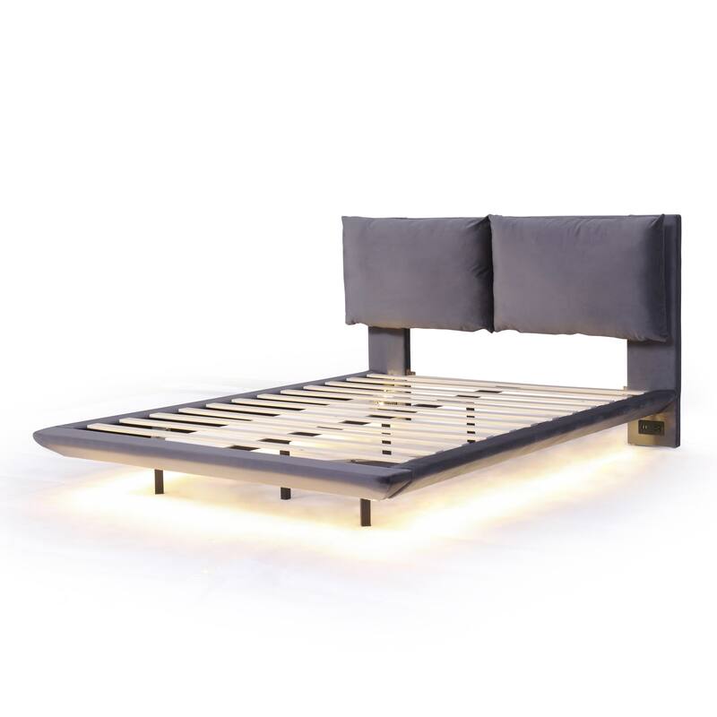 HomeRoots Gray Tufted Upholstered Queen Bed Frame With LED Lighting And USB