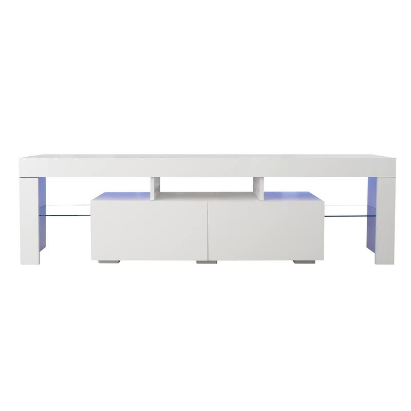 Anmytek Modern High Gloss White TV Stand with LED Lights for 55 inch TV Entertainment Center Storage Cabinet