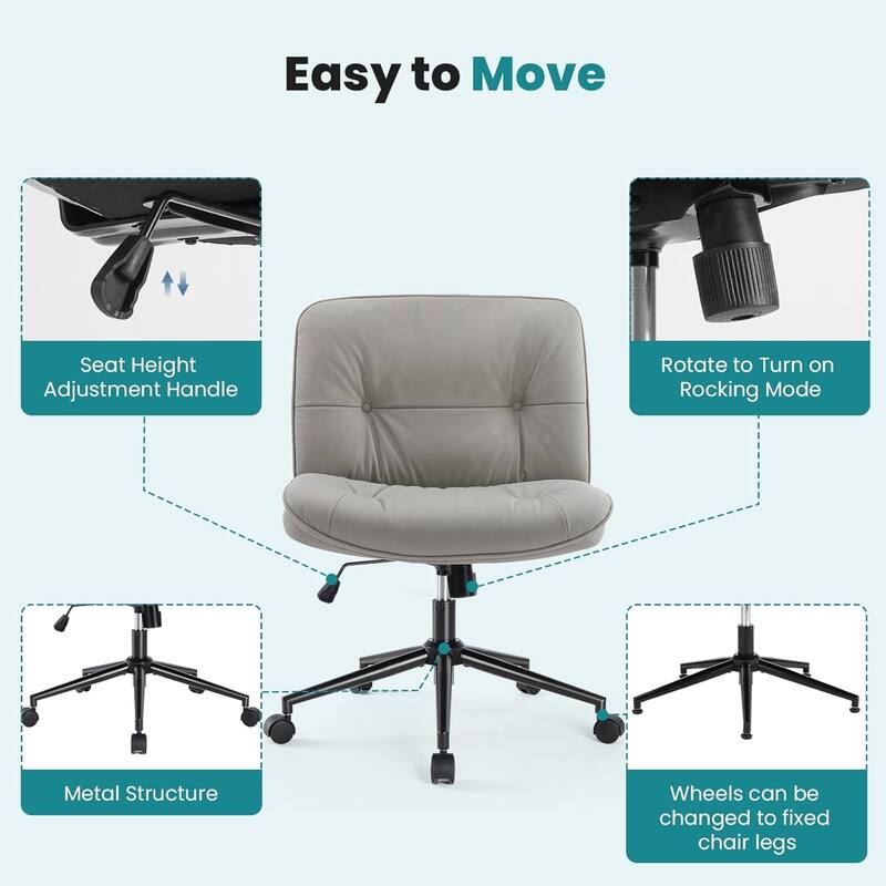 Criss Cross Chair with Wheels, Legged Home Office PU Leather Wide Armless Desk Seat - 27"D x 26.4"W x 34.8"H