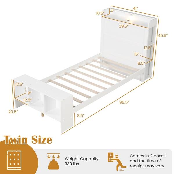 White Wooden Twin Platform Bed with LED Lights Storage Headboard and USB Ports