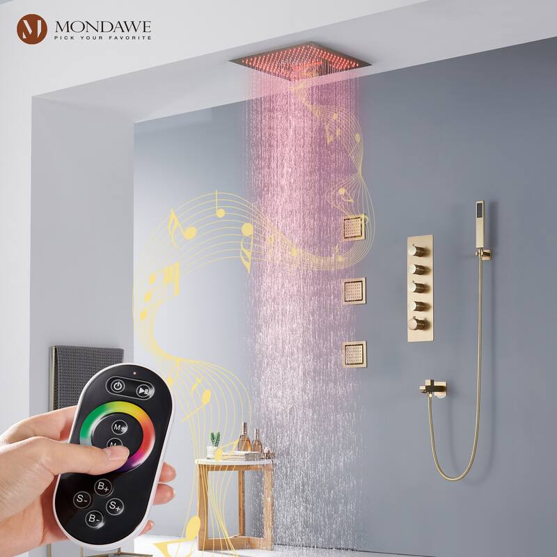 64 Colors LED Light and Music 4 Functions 5 Sprays Ceiling Mounted Thermostatic Shower System