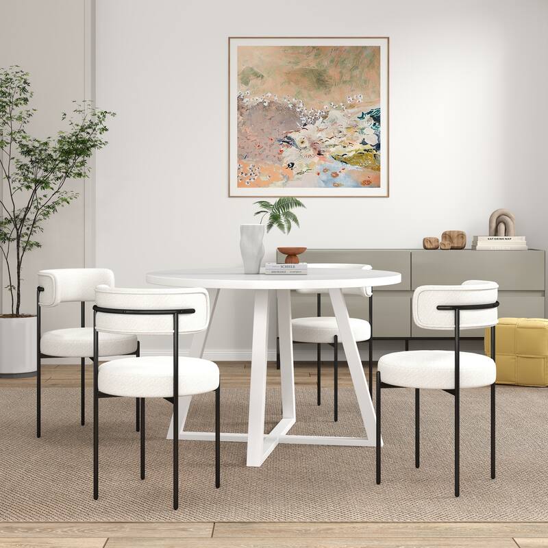 5-Piece Round Dining Set with White Trestle Table & White Upholstered Chairs, Breakfast Nook for Living Room