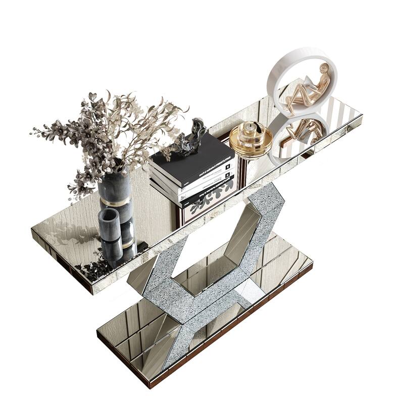 Crystal Hexagon Mirror Console Table Accent Table, Solid Wood Frame Entryway Table Foyer Table with Diamond Glass Effects