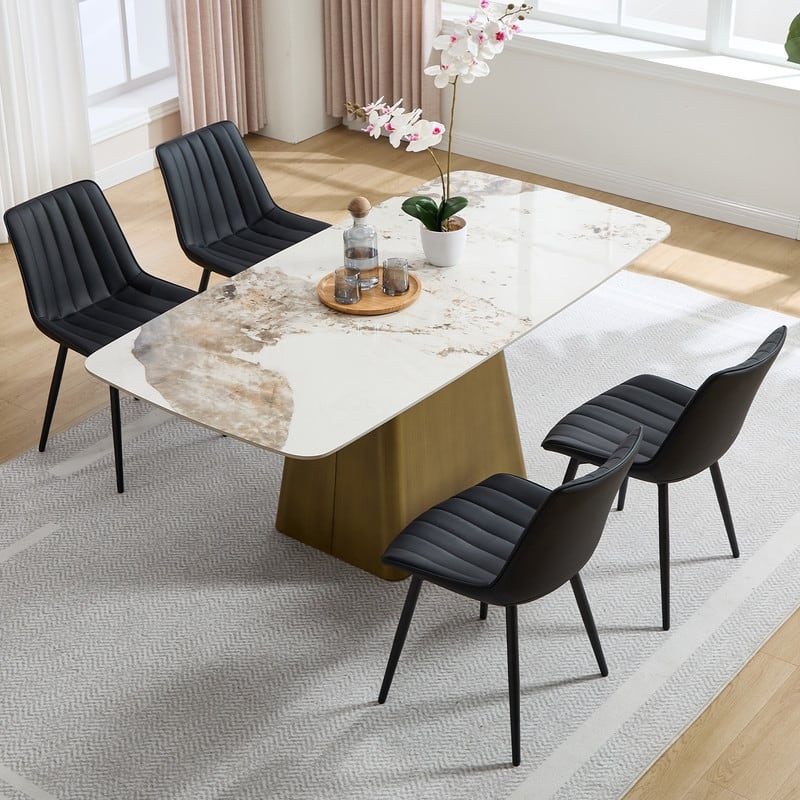 HOMEFUN PU Leather Upholstered Stripes Sturdy Metal Frame Dining Chairs(set of 4) - Black