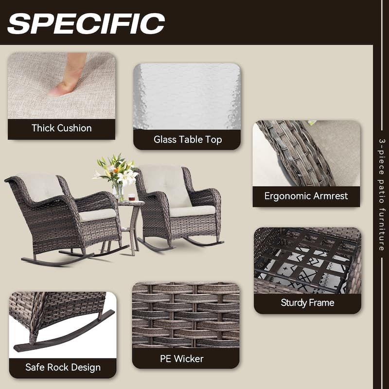 Cozywor 3-Piece Patio Wicker Outdoor Rocking Chair Set