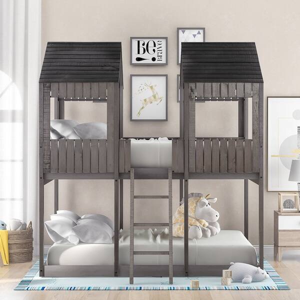 slide 2 of 28, Full Over Full House Roof Bunk Bed with Window and Ladder - Stylish and Fun Antique Gray