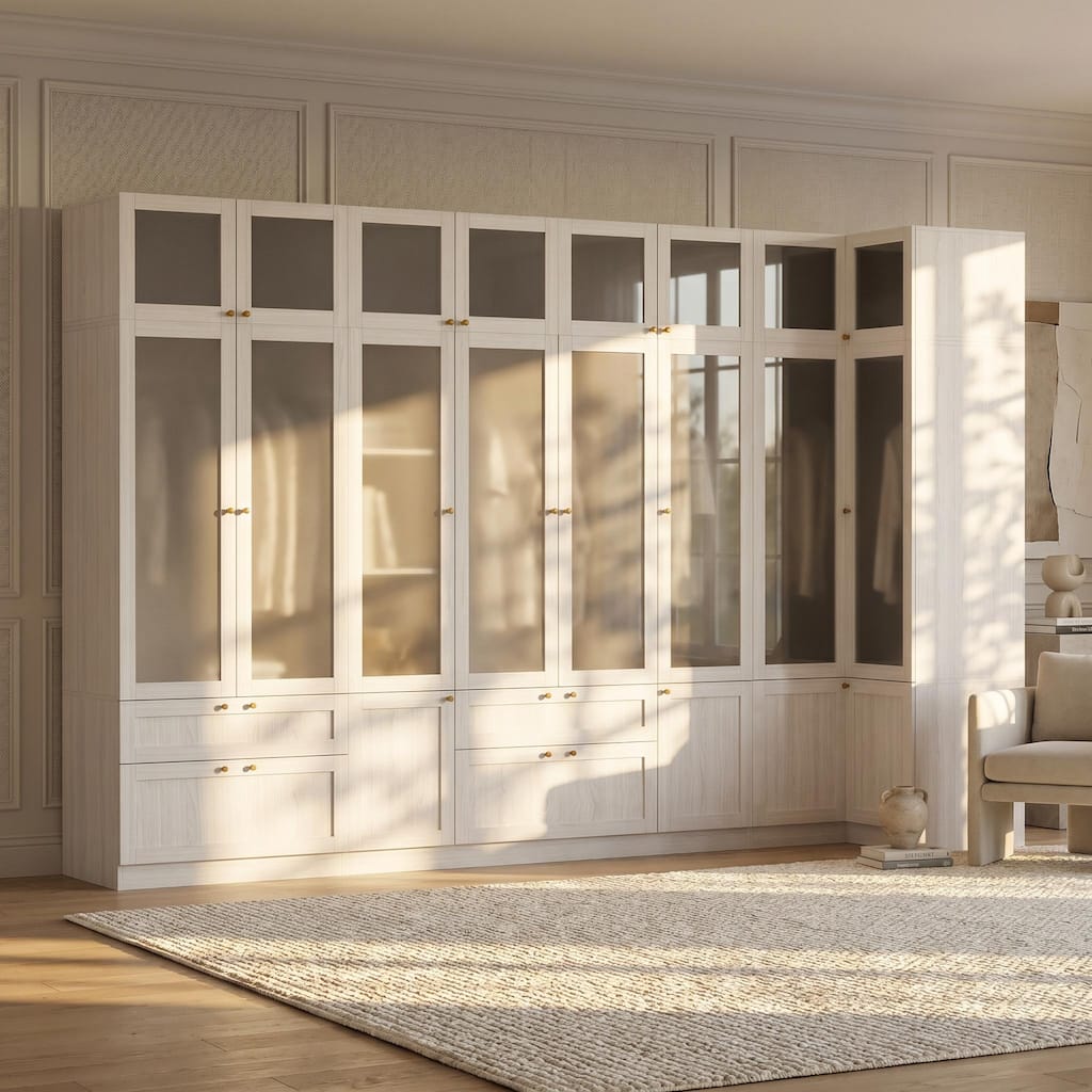 Modular Modern Glass Door Wardrobe:Storage Closet Solution Armoire L-Shaped Corner Wardrobe Closet