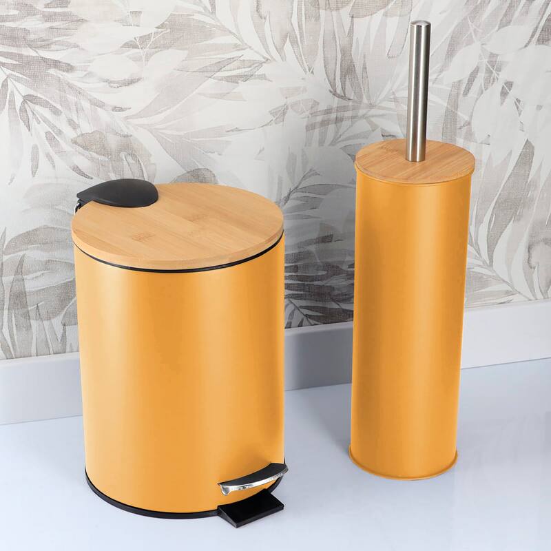 Bathroom Set with Bamboo Lid - Matte Metal Trash Can and Toilet Brush - 15.6" H x 11" L x 11" W