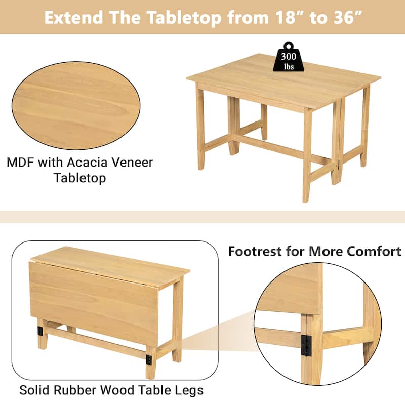 Farmhouse Wood Extendable Dining Table with Drop Leaf for Small Places
