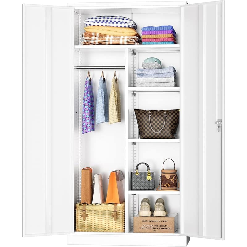 72'' Tall Metal Lockable Wardrobe Armoire Storage Cabinet Locker with Hanging Rod for Garage, Gym, Home Office - White