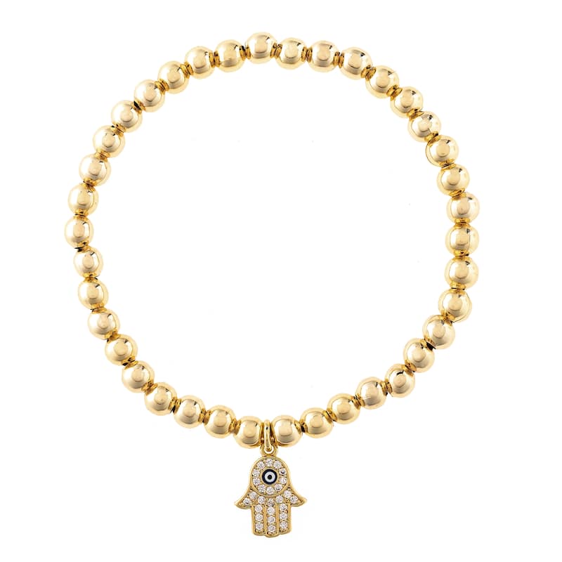 Dangling Hamsa Charm Polished Bead Stretch Bracelet - Gold