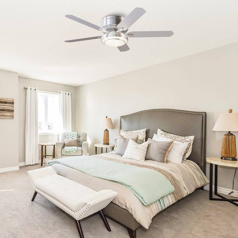 52" Brushed Nickel 5-blade Modern Flush Mount Ceiling Fan with Light and Remote