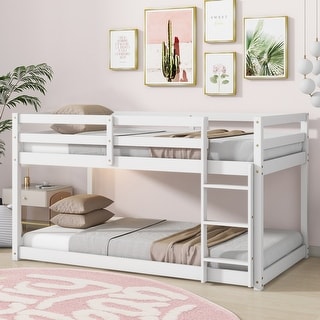 Solid Rubber Wooden Twin over Twin Loft Bed with Ladder, with Bed Platform of Strengthened Slats, White