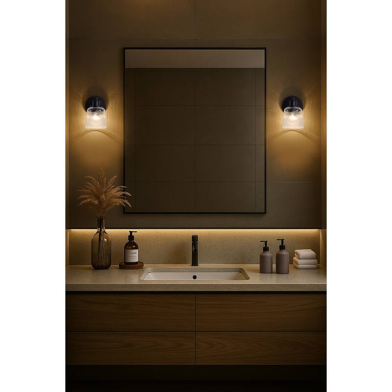 Grayson 1 Light Vanity Matte Black Finish Clear Ribbed Glass - Matte Black