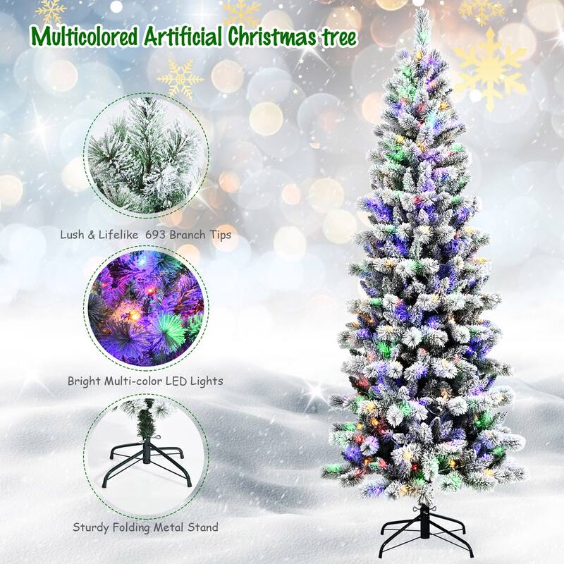 Gymax 5/6/7.5/8 ft Pre-lit Snow Flocked Artificial Christmas Tree w/