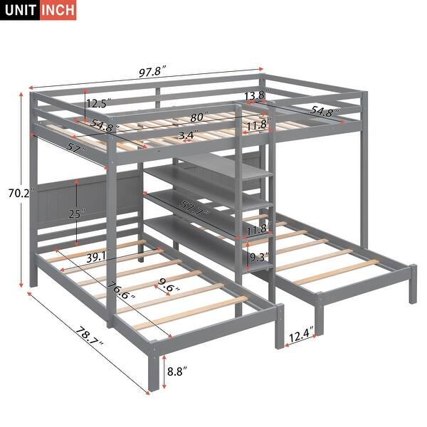dimension image slide 0 of 2, Pine Wood Bunk Bed, 4-Shelf Storage, Built-in Ladder, 3 Beds in 1