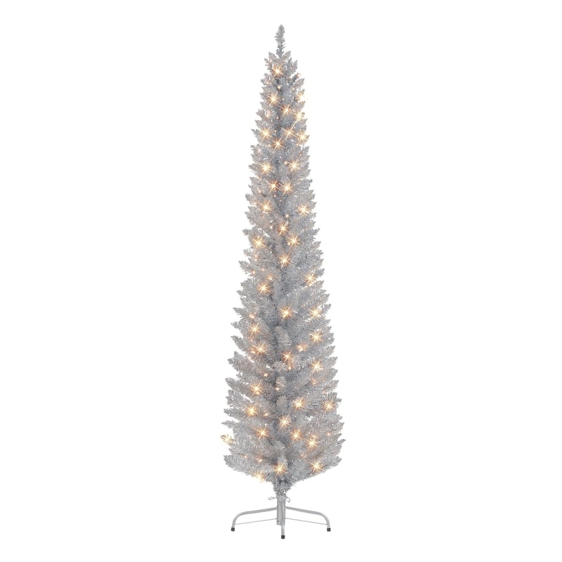 Pre-lit Pencil Tinsel Silver Artificial Christmas Tree - 6’ - Clear Lights - 4 Foot