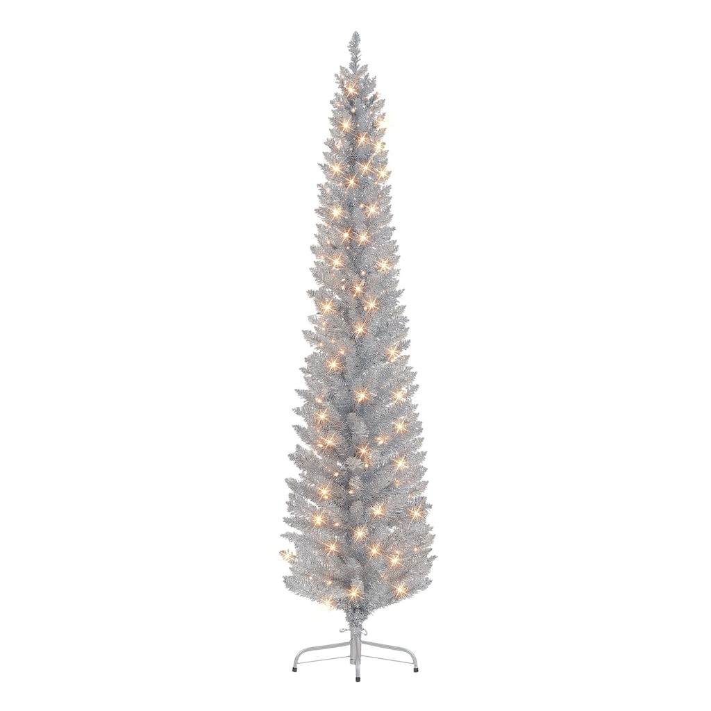 Pre-lit Pencil Tinsel Silver Artificial Christmas Tree - 6’ - Clear Lights - 4 Foot