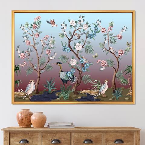 Designart 'Chinoiserie With Birds and Peonies XI' Traditional Framed Canvas Wall Art Print