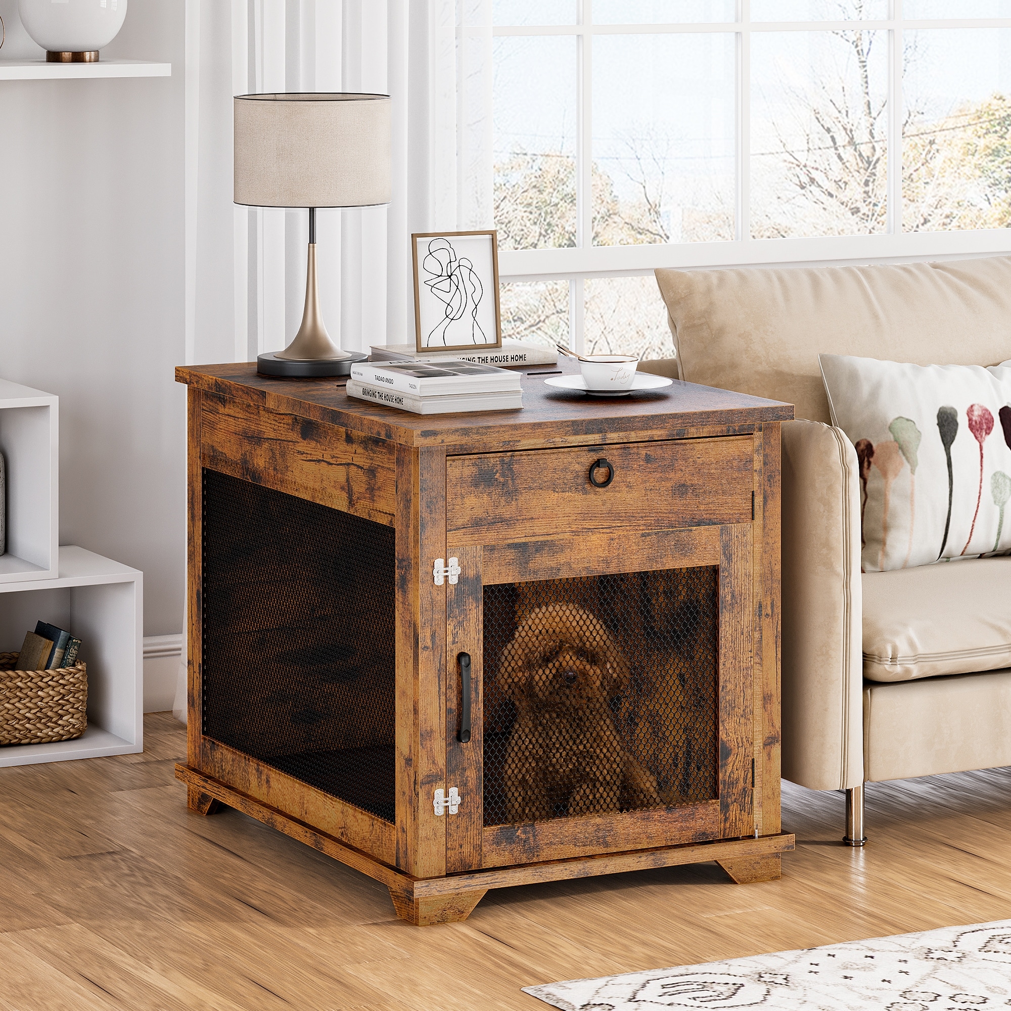 Wooden Dog Crate Furniture 39.4 Heavy Duty Dog Kennel with 2 Drawers End  Table