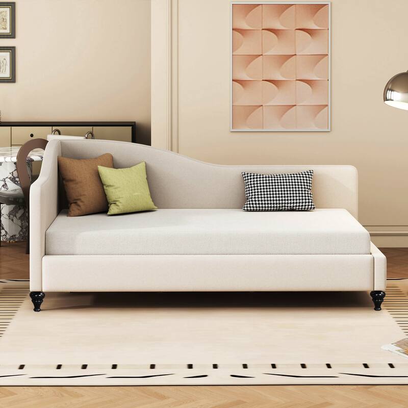 L-Shaped Curved Backrest Daybed, Linen Panel Bed Frame, Wood Platform Bed, Solid Wood Legs - Beige - Twin