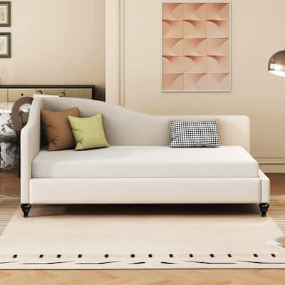 Twin/Full Size Upholstered Daybed, Linen Fabric Sofa Bed with Solid Wood Legs and L Shaped Backrest, Solid Wood Bedframe