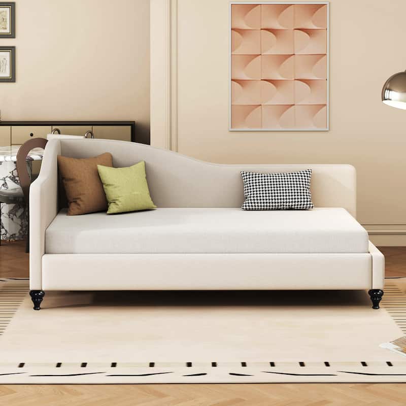 Twin Size L-Shaped Linen Daybed with Solid Wood Legs in Beige