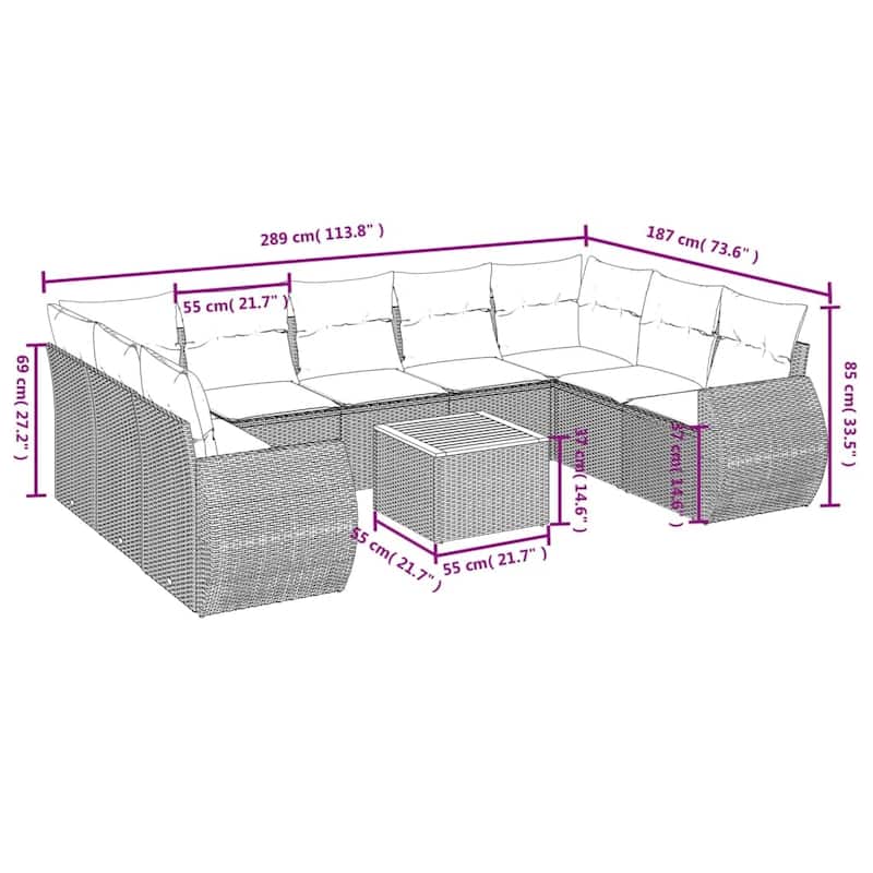 vidaXL 10 Piece Patio Sofa Set with Cushions Gray Poly Rattan