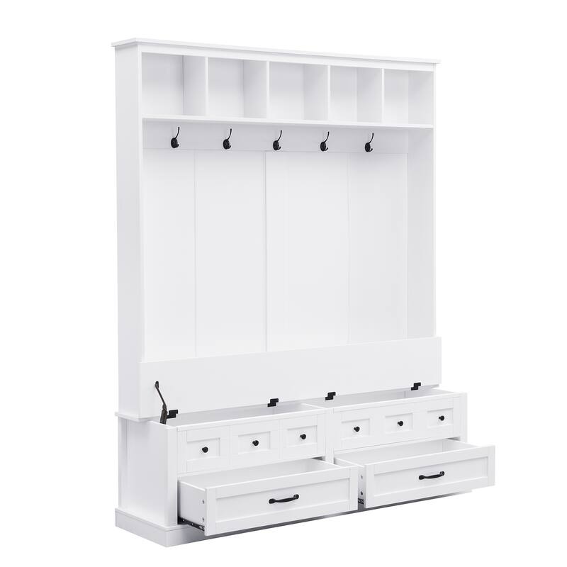 Versatile Wood 3-in-1 Coat Rack with 5 Hooks,2 Drawers and Handles