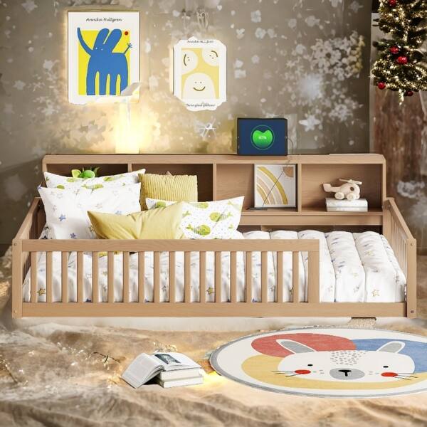 slide 2 of 12, Brown Twin XL Size Daybed with Storage Shelves, Wood Floor Bed with USB Ports for Kids Brown