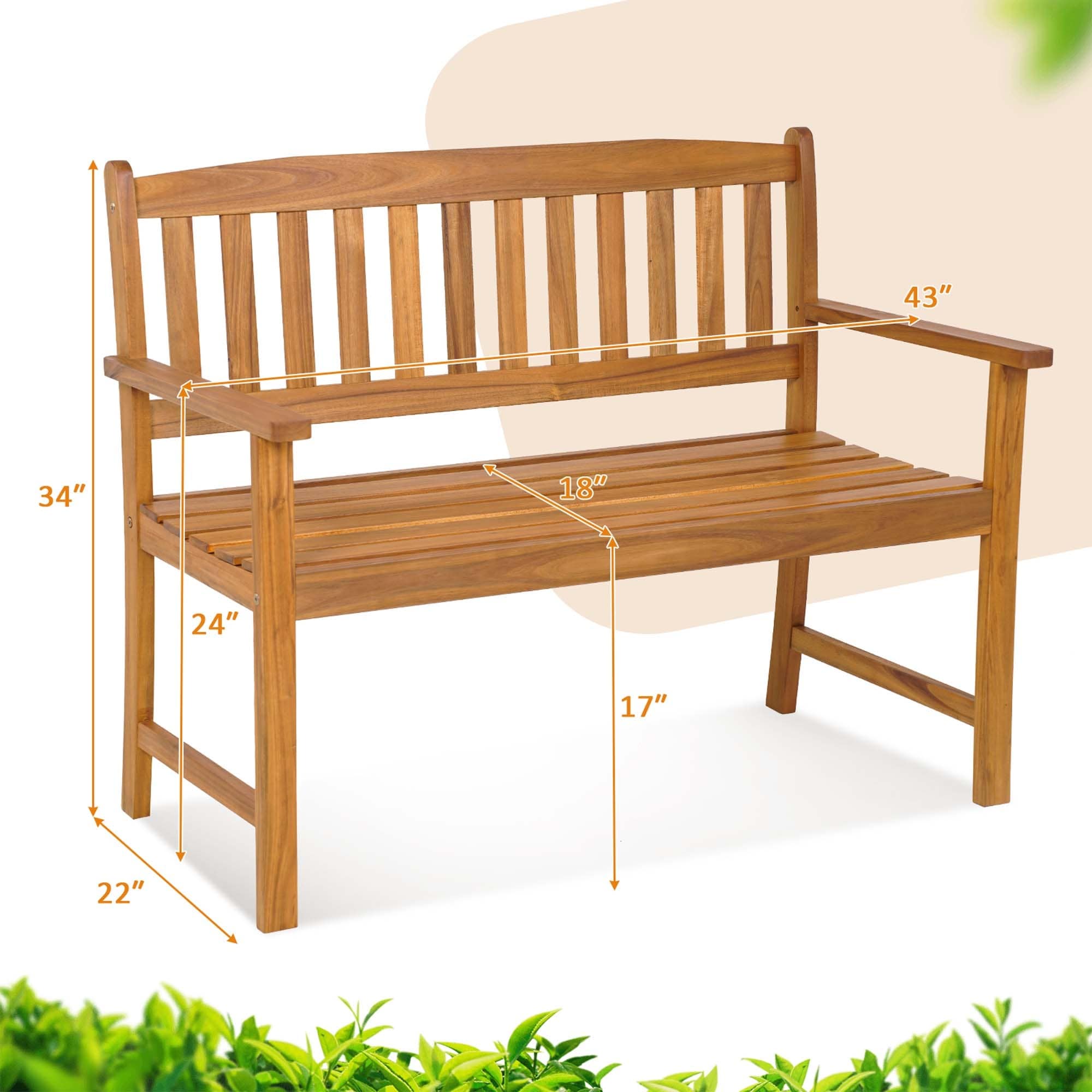 Costway Patio Acacia Wood Bench 2-Person 800 Lbs