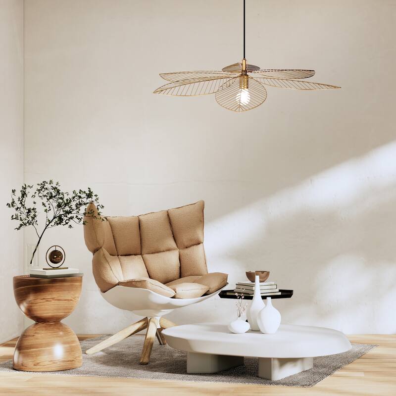 Soren River of Goods Antique Brass Metal Cutout Leaf-Shaped Pendant Light with Adjustable Hanging Cord - 35" x 35" x 7.25/66.25"