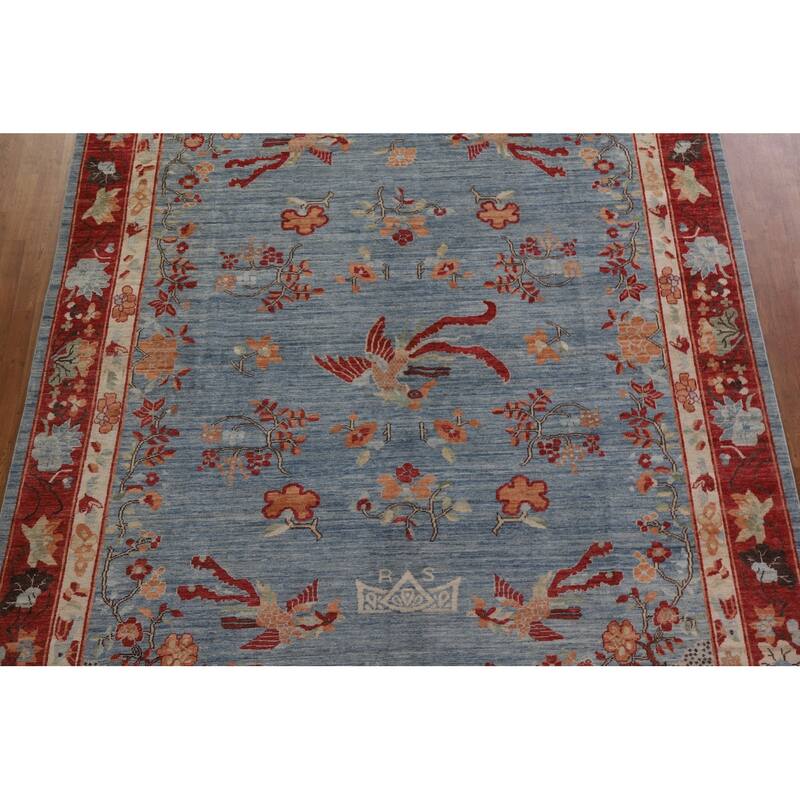 Hand Knotted Oriental 100% Wool Carpet Traditional Floral Navy Blue & Blues Art Deco Area Rug - 11' 8'' X 8' 10''