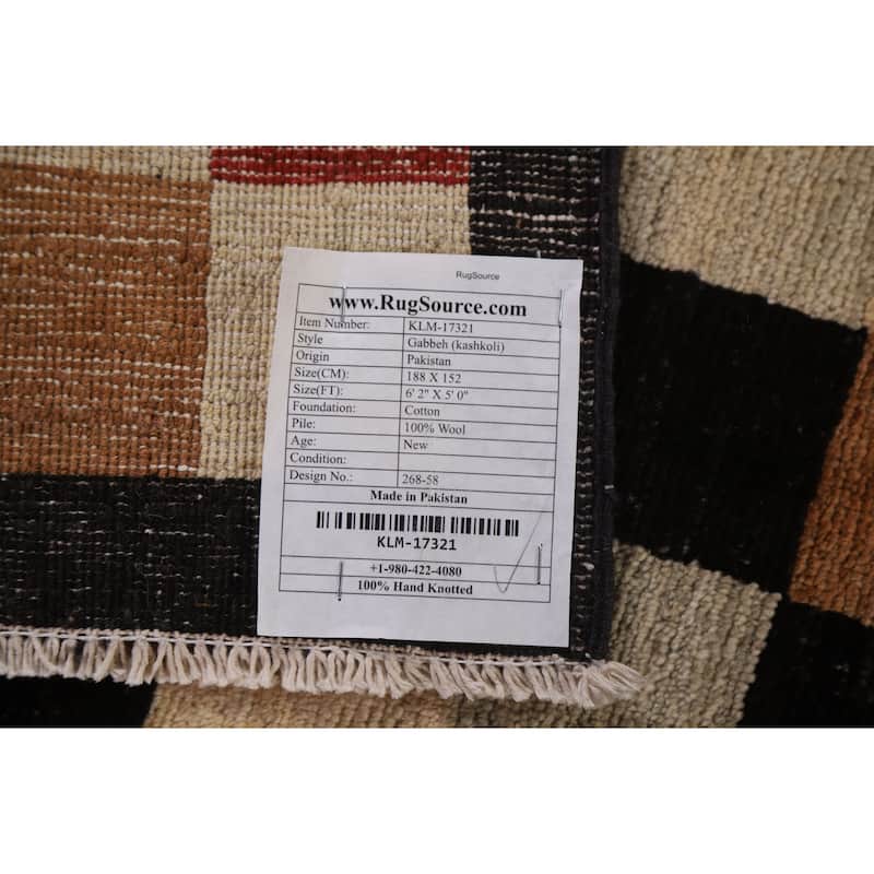 Modern Checkered Gabbeh Kashkoli Area Rug Hand-knotted Wool Carpet - 5'0" x 6'2"