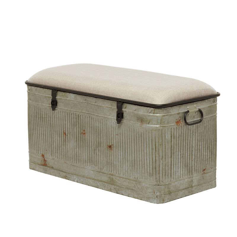 Gray Metal Galvanized Storage Bench with Cream Upholstered Burlap Top Seat - 2 Sizes