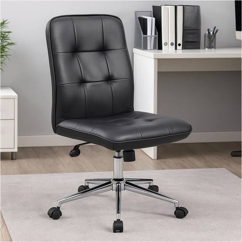 Sela Swivel Office Chair, Tufted Black Seat & Back, Chrome Base