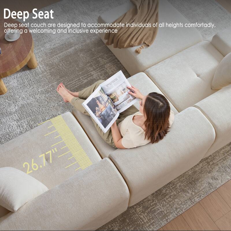 118 inch Oversized 3 Seater L-Shaped Chenille Boneless Modular Sectional Sofa Couch with Movable Ottoman