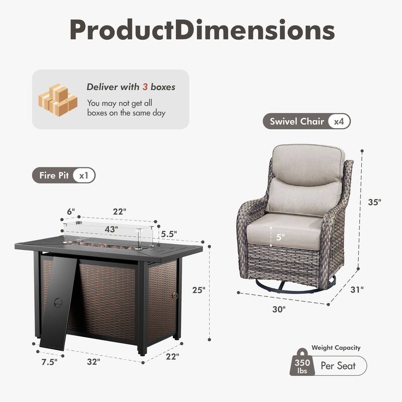 Meyreso 5-Piece Outdoor Patio Wicker Fire Pit 4 person Conversation Set with 5-Inch Thick Cushions