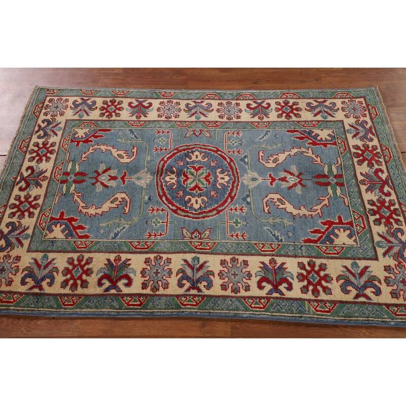 Light Blue Kazak Oriental Accent Rug Handmade Traditional Wool Carpet - 3'5"x 4'11"
