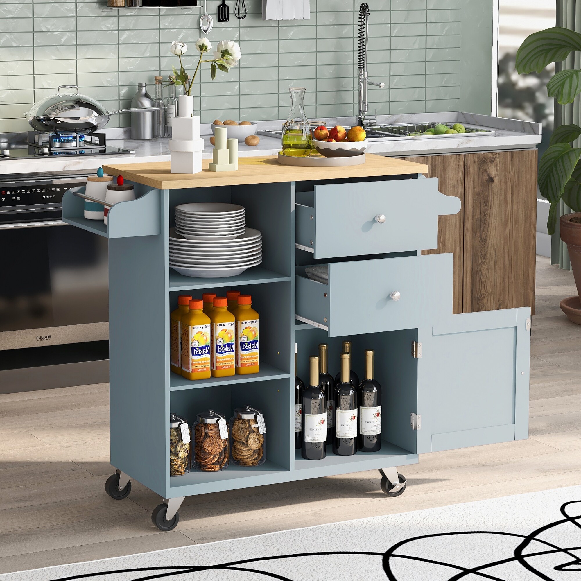 Kitchen Cart on 4 Wheels with 2 Drawers and 3 Open Shelves - On 