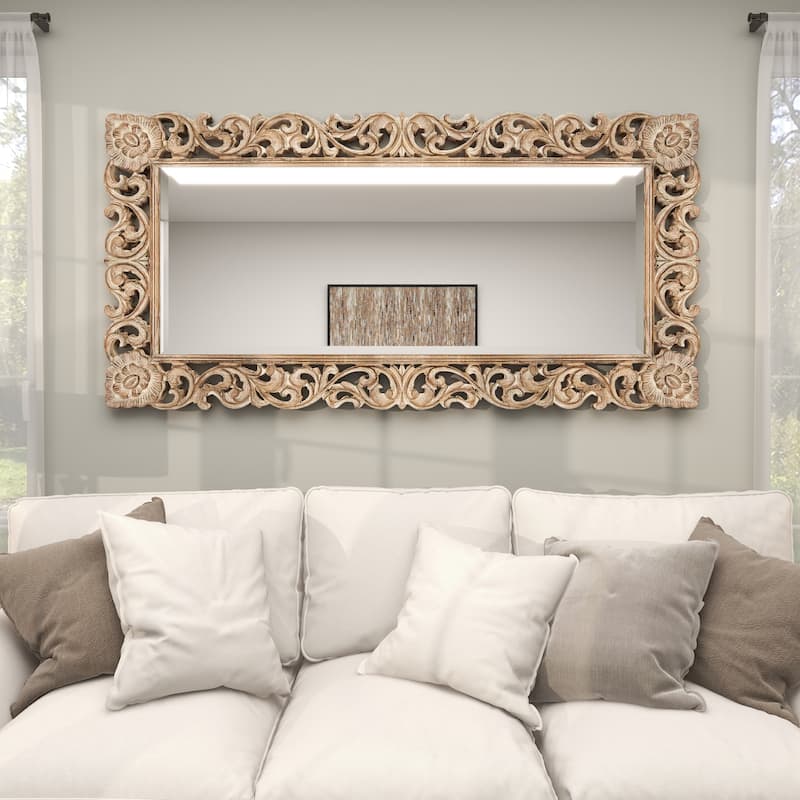 Light Brown Mango Wood Intricately Carved Floral Room Wall Mirror
