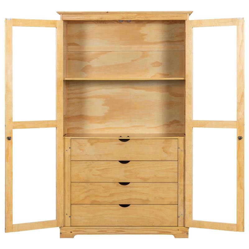 Kitchen Pantry, Freestanding Kitchen Storage Cabinet Display Cabinet with Glass Doors and 4 Built-in Drawers for Living Room