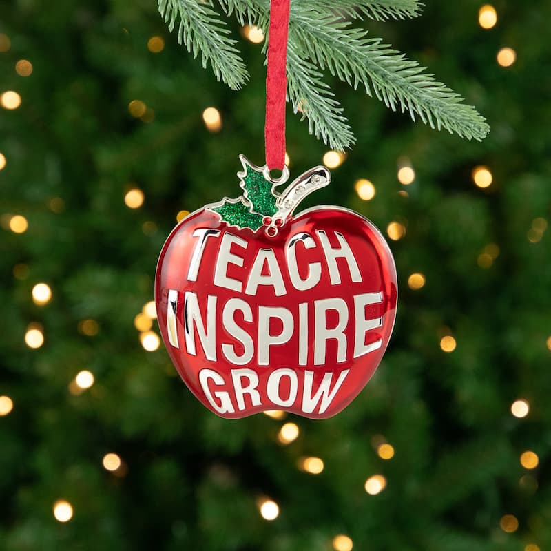 3.25" Red Silver Plated Apple Teacher Christmas Ornament with European Crystals